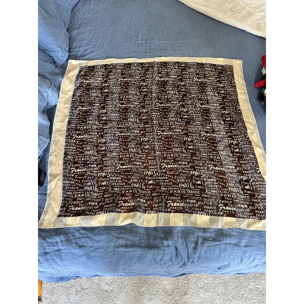 Vintage Letter Paris Souvenir Square Scarf 39''‎ X 39'' Brown Cream Retro Church